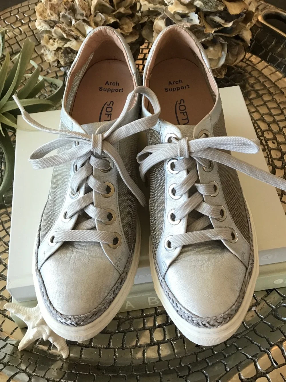 🆕 SOFTWAVES SILVER LEATHER MESH WEDGE PLATFORM SNEAKERS